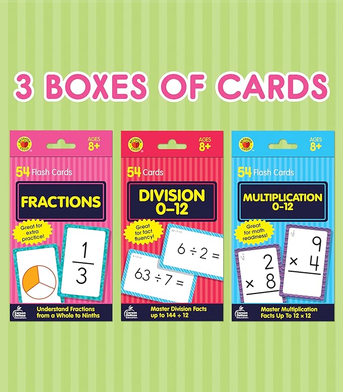 Carson Dellosa 3-Pack Math Flash Cards, Multiplication Flash Cards, Division Flash Cards, Fraction Flash Cards, 3rd Grade, 4th Grade and 5th Grade Flash Cards for Studying, Math Games for Kids Ages 8+