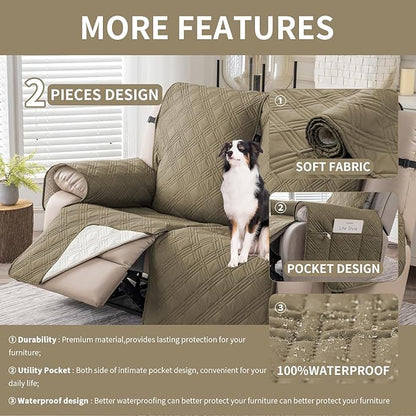Easehomey Waterproof Loveseat Recliner Cover,Non Slip Reclining Couch Covers for 2 Seat,Dog Chair Cover Furniture Protector Washable Chair Cover with Pocket for Kids,Pets,Dogs(Khaki,2Seat)