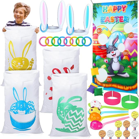 Hiboom 38 Pcs Easter Party Games for Adults, Include Potato Sack Race Bags Easter Bean Bag Toss Game 3 Legged Race, Egg Spoon Race Game, Inflatable Bunny Ring Toss Game for Easter Games