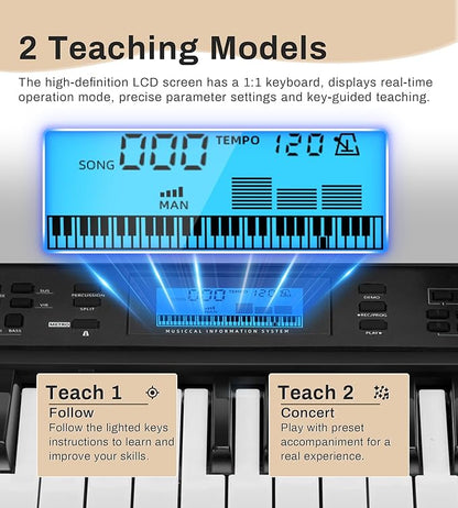 61 Key Piano Keyboard for Beginner, Lighted Keys with LCD Display, 600 Tones, 400 Rhythms, 50 Demos, 2 Teaching Modes, Headphones, Music Rest, Microphone, Sustain pedal