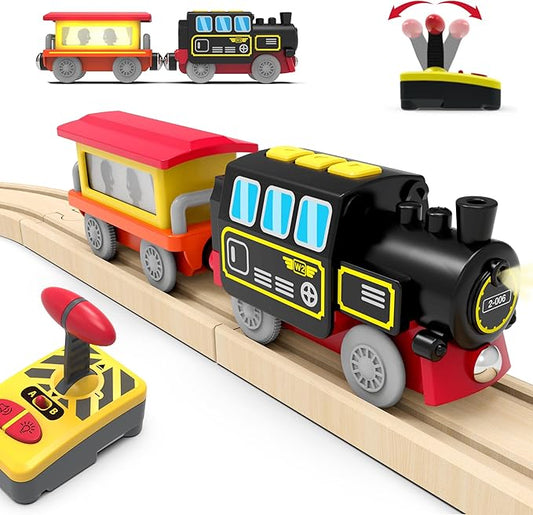 Motorized Train for Wooden Track, Remote Control Train with Magnetic Connection, Battery Operated Locomotive Trains for Toddlers, Compatible with Thomas, Brio, Chuggington
