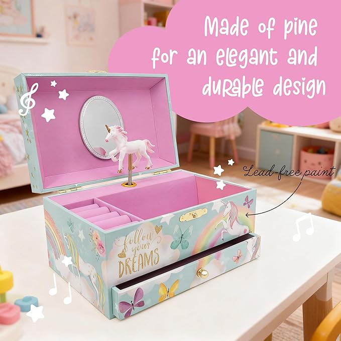 The Memory Building Co Unicorn Musical Jewelry Box Plays Classic Melody, Storage Organizer Music Box for Kids Ages 6-12, MDF Wood w/ 2 Fabric Lined Ring Bracelet Necklace Treasure Compartments