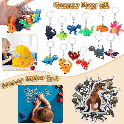 139 Pcs Dinosaur Party Favors Include Dinosaur Party Favors Bags Silicone Wristbands Dino Figure Masks Badges Notebooks Keychains Bracelets Pencils Tattoos Dinosaur Toys Stampers Dinosaur Stickers