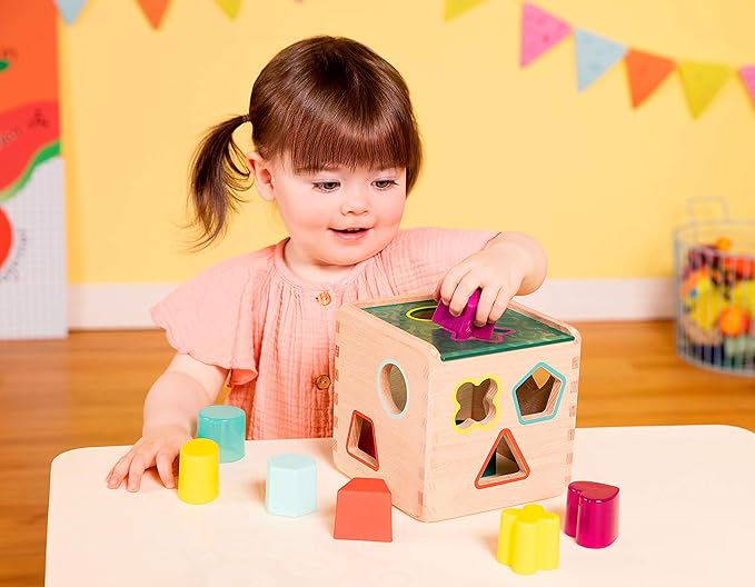 B. toys- Wonder Cube- Developmental Toy- Wooden Shape Sorter Cube – 9 Colorful Shapes – Educational Wooden Toy for Toddlers, Kids – 18 Months +