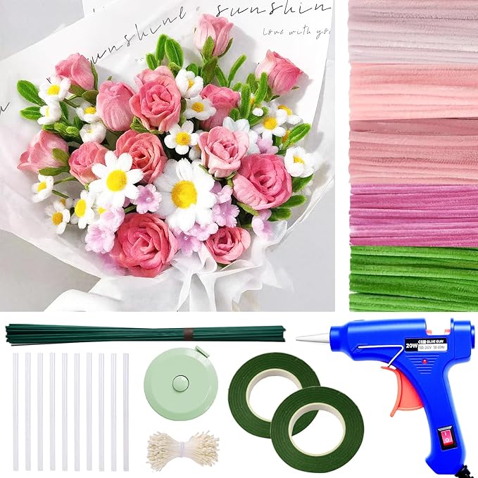 500 Pcs Thick Pipe Cleaners for DIY Flowers & Crafts – 5 Colors Chenille Stems with Glue Guns & Tape Measure – Perfect for Family Fun & Creativity, Holiday & Room Decorations (Pink, 12in x 8mm)