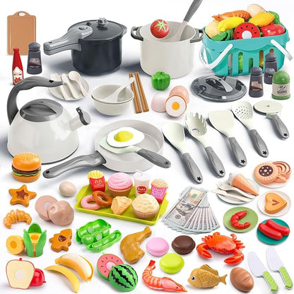 130Pcs Kitchen Playset, Toddler Pretend Cooking Play Pots, Pans, Utensils Cookware, Daily Food Fruit Veges, Shopping Storage Basket, Dessert, Prop Money, Learning Gift for Child （White）