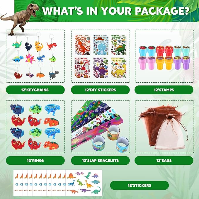 123 Pcs Dinosaur Piñata Set for Birthday Party 15 x 12 x 3'' Dinosaur Piñata with Blindfold Bat Confetti Slap Bracelet Keychain Stamps Sticker Rings Gift Bag for Kids Jungle Party Game Decor