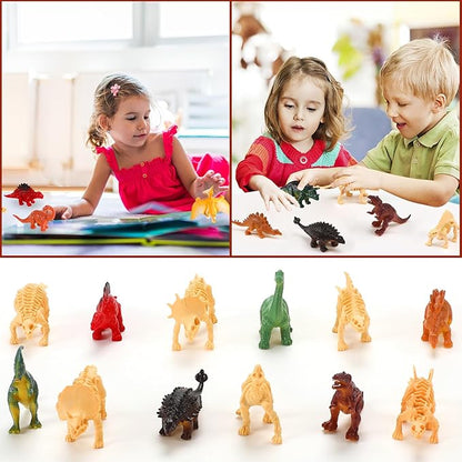 UPINS 24pcs Mini Dinosaur Figures and Dinosaur Fossil Skeletons,Plastic Dinosaurs Assorted Dino Bones with Storage Box Educational Gift for Science Play Sand Dig Party Favor Decorations