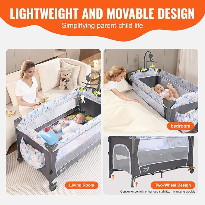 VEVOR Baby Bassinet, Pack and Play Bassinet Fold Portable Baby Bedside Sleeper Crib with Changing Table, Baby Playards Bed with Mosquito Net(Two Wheels)…