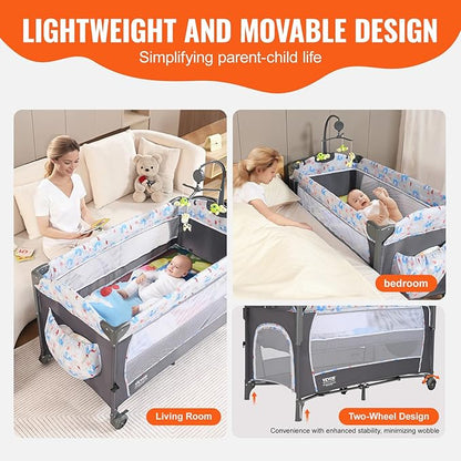 VEVOR Baby Bassinet, Pack and Play Bassinet Fold Portable Baby Bedside Sleeper Crib with Changing Table, Baby Playards Bed with Mosquito Net(Two Wheels)…