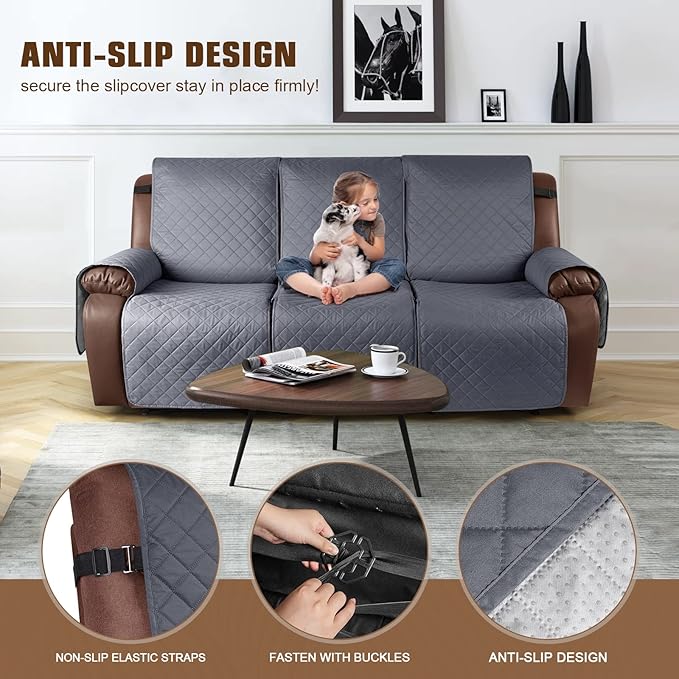 KinCam Waterproof Recliner Sofa Cover, Non-Slip Reclining Couch Covers for 3 Seat, Recliner Couch Cover Furniture Protector with Elastic Straps for Pets, Kids, Dark Gray