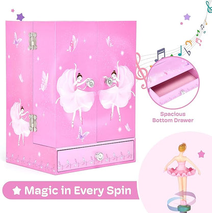 Jewelkeeper Large Jewelry Organizer Box - Musical Spinning Figure - Two-Door Accessories Organizer with 4 Drawers, 2 Hooks - Wood Storage for Rings, Necklaces, Earrings - Pink - 8.3"x6"x4.7"