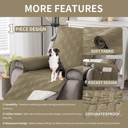 Easehomey 100% Waterproof Recliner Chair Covers, Non Slip Oversized Reclining Cover, Cover Furniture Protector Washable Chair Cover with Pocket,Elastic Straps for Kids,Pets,Dogs(Khaki,28")