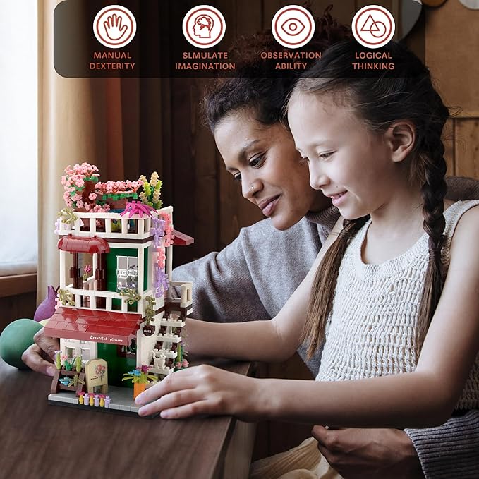 Street View Mini Building Blocks Flower House Shop Store Building Kit Simulation Construction Educational Creative Toy for Boys Girls Age 8+ 953 pcs