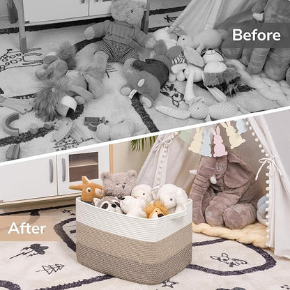 Goodpick Large Storage Basket, 18"x14"x12" Cotton Rope Organizer for Blankets, Toy Baskets Storage Kids, Rectangle Woven Basket for Living Room, Bedroom, Gradient Brown