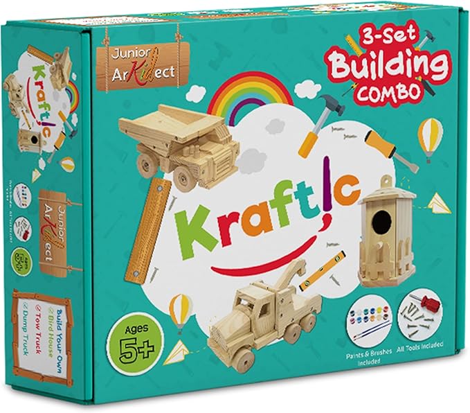 Kraftic Woodworking Building Kit for Kids and Adults, with 3 Educational DIY Carpentry Construction Wood Model Kit Toy Projects for Boys and Girls - Tow Truck, Birdhouse and Dump Truck