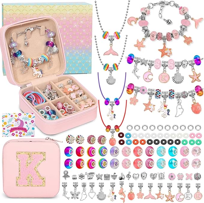 LifeisLuck Charm Bracelet Making Kit - Girls 110 Pcs DIY Charm Jewelry Beads Making Kit, Mermaid Birthday Gifts for Girls Toys Crafts for Little Girls Ages 8-12, with K Initial Travel Jewelry Case