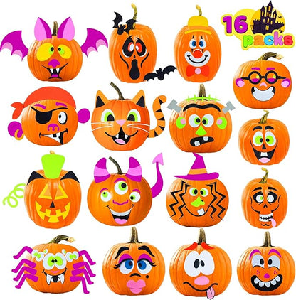 JOYIN 16 Packs Halloween Pumpkin Stickers Foam Craft Kit, Halloween Party Favors for Kids, Party Supplies Arts Activities, Funny Pumpkin Decorating Stickers, Jack O Lantern Stickers School Games Gifts
