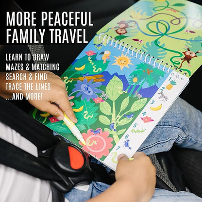 Kids Small Size Travel Educational Activity Book with Washable Markers (7"x7") - Car and Airplane Activities, Learning Toys for Toddlers - Search and Find, Reusable Stickers for Ages 4, 5, 6 (Jungle)