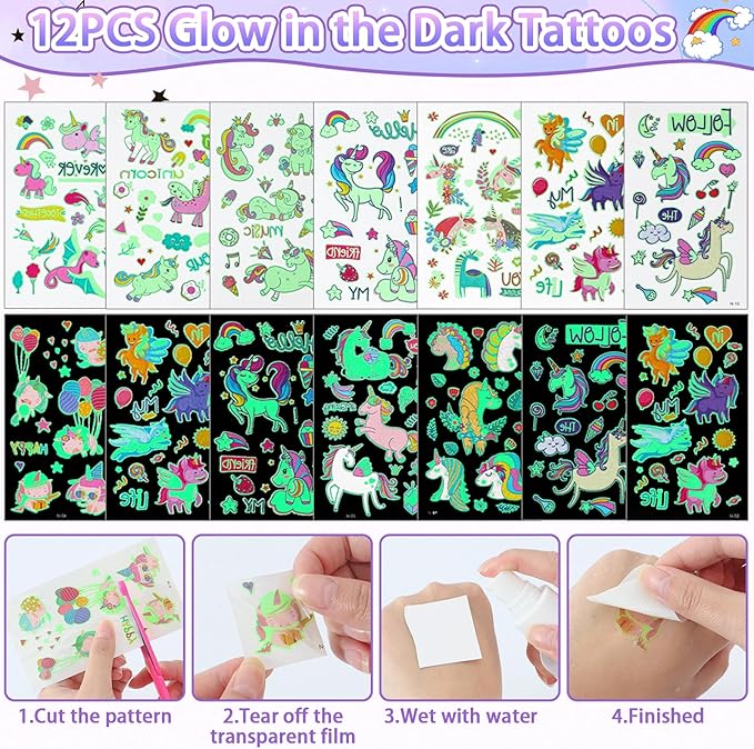 12 Sets Unicorn Party Favors Birthday Supplies for Girls Kids, Drawstring Bag Silicone Bracelet Tattoo Sticker Keychain Unicorn Pinata Filler Goodie Bag Stuffers Unicorn Birthday Party Supplies