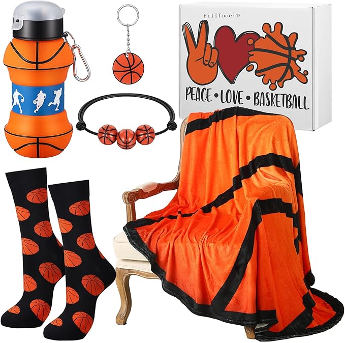 7 Pcs Christmas Basketball Gifts Basketball Party Favor Set Basketball Blanket Socks Basketball Keychain Bracelet Water Bottle and Sticker for Christmas Birthday Sport Themed Party Supplies