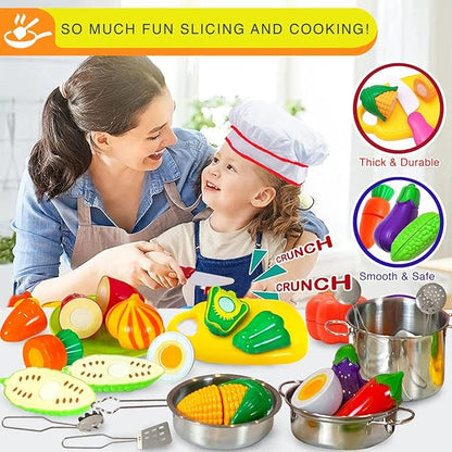 FUNERICA Toddler Kitchen Accessories Playset with Cutting Food Vegetables - Stainless-Steel Play Pots & Utensils - Apron & Chef Hat - Toy Knife & Cutting Board (Apron: Red. Checkerboard Design)