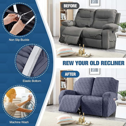 TAOCOCO Recliner Loveseat Cover, Stretch Jacquard Reclining Loveseat Cover Furniture Protector Sofa Slipcovers 2 Seat Recliner Covers with Elastic Bottom for Kids, Pets (Grey)