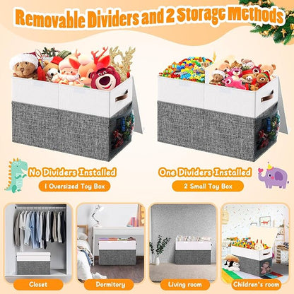Large Toy Storage Box with Lid Divider, Sturdy Collapsible Toys Organizer Chest Kids Storage Bins Boxes Baskets for Boys, Girls, Nursery, Bedroom, Living Room, Playroom, 25"x13"x16", Gray and White