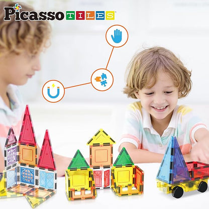PicassoTiles Magnetic Tiles 61pc Magnet Tile Building Blocks Construction Sensory Toy Set with Storage Carry Case Drawstring Bag STEM Kids Learning Educational Pretend Play Boy Girl Ages 3+ & Up PT05