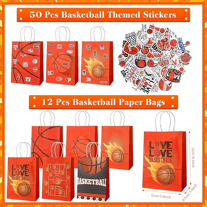 98 Pcs Basketball Party Favors Set for Kid Boy Basketball Team Gift Bulk 12 Basketball Medals 12 Paper Gift Goodie Bag 12 Foam Basketball 50 Stickers 12 Wristband for Classroom Reward Prizes Birthday