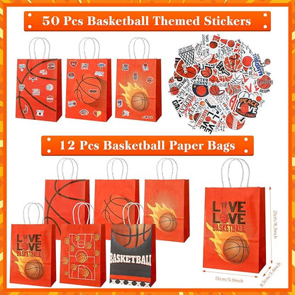 98 Pcs Basketball Party Favors Set for Kid Boy Basketball Team Gift Bulk 12 Basketball Medals 12 Paper Gift Goodie Bag 12 Foam Basketball 50 Stickers 12 Wristband for Classroom Reward Prizes Birthday