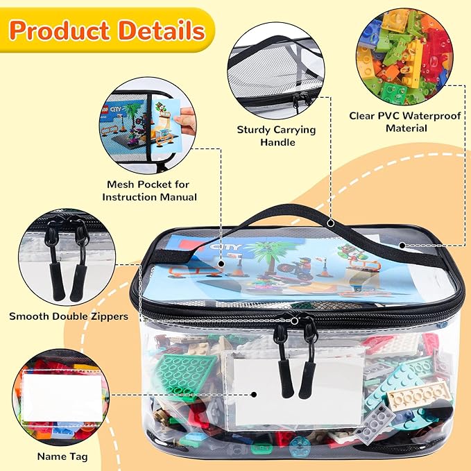 Tesuko 6 Pack Clear Toy Storage Bag with Name Tag& Manual Pocket, Waterproof Transparent PVC Toy Organizer Case for Lego Bricks, Board Games, Building Blocks, Puzzles (Large Capacity, Black)