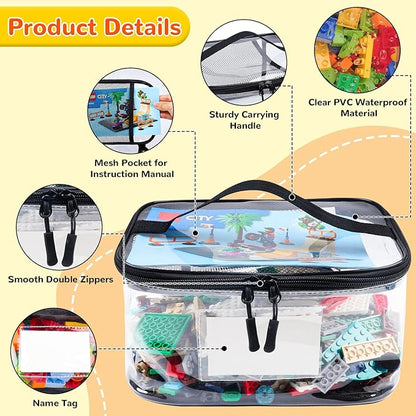 Tesuko 6 Pack Clear Toy Storage Bag with Name Tag& Manual Pocket, Waterproof Transparent PVC Toy Organizer Case for Lego Bricks, Board Games, Building Blocks, Puzzles (Large Capacity, Black)