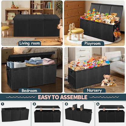 Extra Large Toy Box with Lids - Sturdy Collapsible Kids Storage Organizer Big Bin Chest Basket with Dividers for Boys Girls, Bedroom, Nursery, Living Room, Playroom Organization, 38"x16"x14", Black