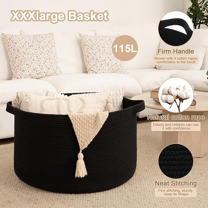 OIAHOMY 115L Extra Large Blanket Basket, 23.6" x 15.4" Woven Cotton Rope Laundry Basket for Organizing Pillows, Decorative Stuffed Animal Toy Storage Bin for Nursery, Black