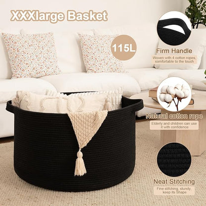 OIAHOMY 115L Extra Large Blanket Basket, 23.6" x 15.4" Woven Cotton Rope Laundry Basket for Organizing Pillows, Decorative Stuffed Animal Toy Storage Bin for Nursery, Black
