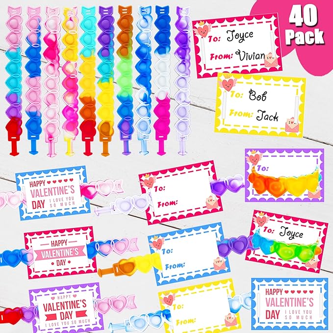 40pcs Valentines Day Gifts for Kids Classroom Exchange Pack Cards for Kids Heart Shape POP Bracelets and Valentines Day Cards for Kids Classroom Prizes Party Favors Goody Bag Filler