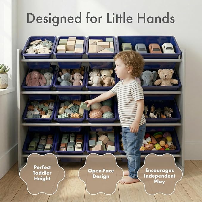 Humble Crew Supersized Toy Storage Organizer with 16 Removable Bins, Grey/Navy – Large Toy Storage for Toddlers Ideal for Kids' Rooms, Playrooms, and Nurseries - Modern Toy Bins for Kids