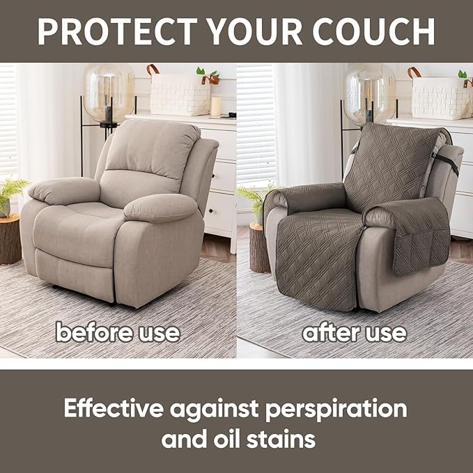 Easehomey 100% Waterproof Recliner Chair Covers, Non Slip Dog Chair Cover Furniture Protector Washable Chair Cover with Pocket, Elastic Straps for Kids,Pets,Dogs (Taupe, 23.6")