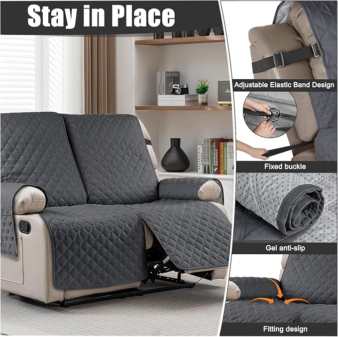 Waterproof Recliner Couch Cover,Non-Slip Recliner Cover with Elastic Straps,Leakproof Furniture Protector for Kids,Dog and Cat (2 Cushion Loveseat, Dark Gray)