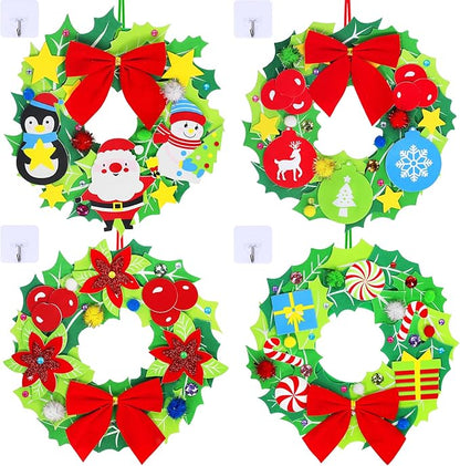 Winlyn 12 Sets Christmas Craft Kits DIY Christmas Wreath Ornaments Decorations Art Sets Snowman Santa Penguin Holly Leaf Christmas Foam Stickers Arts and Crafts for Kids Holiday Classroom Activities