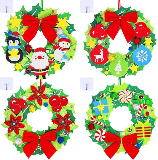 Winlyn 12 Sets Christmas Craft Kits DIY Christmas Wreath Ornaments Decorations Art Sets Snowman Santa Penguin Holly Leaf Christmas Foam Stickers Arts and Crafts for Kids Holiday Classroom Activities
