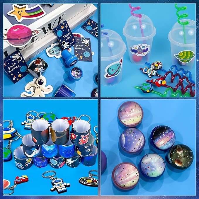 LiYiQ 161 Pcs Space Party Favors with Cup Straws Stress Ball Space Pins Slap Bracelets Keychains Stamps Stickers Twist Ties and Gift Card for Kids Space Birthday Party Supplies (style 1)
