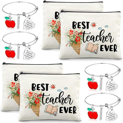 8 Pcs Teacher Appreciation Gift Set for Women, 4 Teacher Makeup Pouch Cosmetic Bags and 4 Bangle Bracelets, Christmas Valentines Thank You Gifts for Teacher (Best Teacher Ever)