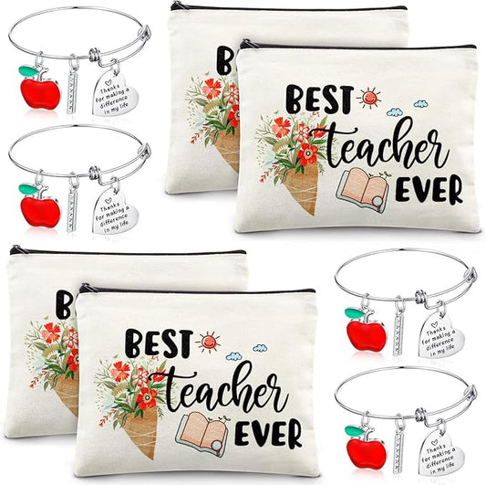 8 Pcs Teacher Appreciation Gift Set for Women, 4 Teacher Makeup Pouch Cosmetic Bags and 4 Bangle Bracelets, Christmas Valentines Thank You Gifts for Teacher (Best Teacher Ever)