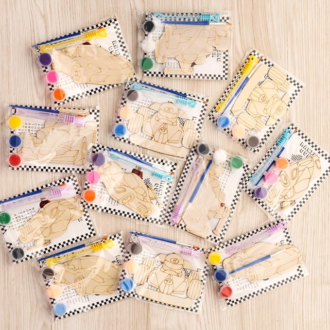 GEECOZYLIFE Race Car Painting Party Favors - 12 PCS Race Car DIY Wood Crafts Kit with Bubble Wands - Birthday Supplies Classroom Rewards Gifts Bulk - Thank You for Coming Gifts