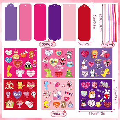 JUNEBRUSHS 30 Pack Valentines Crafts for Kids, Valentine's Day Bookmarks Craft Kits with Assorted Hearts Animal Stickers for Kids Classroom Game Activities Valentines Day Gift Exchange