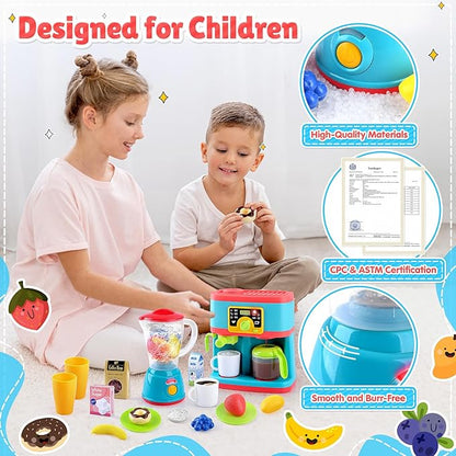 PLAY Kitchen Appliances Toys Set, Pretend Play Kids Kitchen Playset with Coffee Maker, Toy Blender and Play Foods, with Realistic Lights and Sounds, Play Kitchen Accessories Gift for Toddler Ages 3+