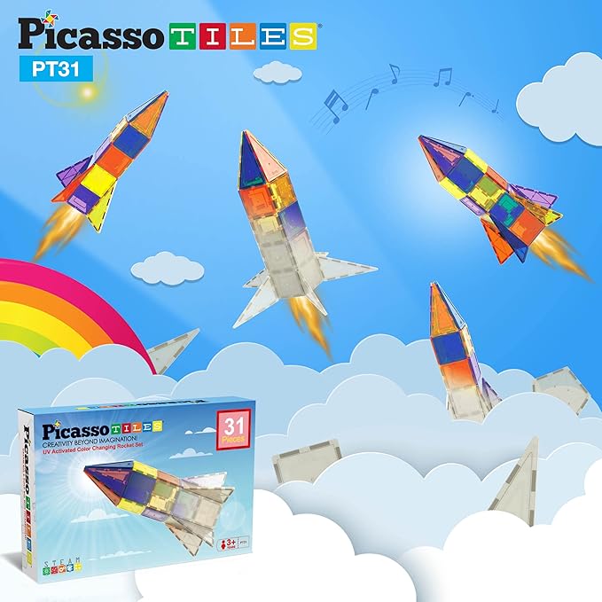PicassoTiles UV Activated Color Changing Rocket Set Magnet Construction Toy Kit Engineering STEM Learning Playset Child Brain Development Stacking Blocks Playboard for All Ages 3 and Up PT31