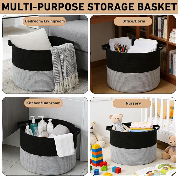 65L Large Blanket Basket, 19.7" L x 19.7" W x 13" H Rope Woven Storage Basket,Laundry Hamper for Toys, Clothes, Pillows,Towels, Perfect for Living Room, Nursery & Bedroom,Black&Light Grey